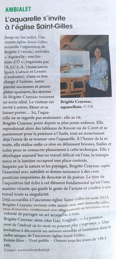 offert par l'artiste Exposition de Brigitte Crayssac dans l'ancienne église Saint-Gilles à Ambialet - Article du Tarn Libre du 12/06/2026