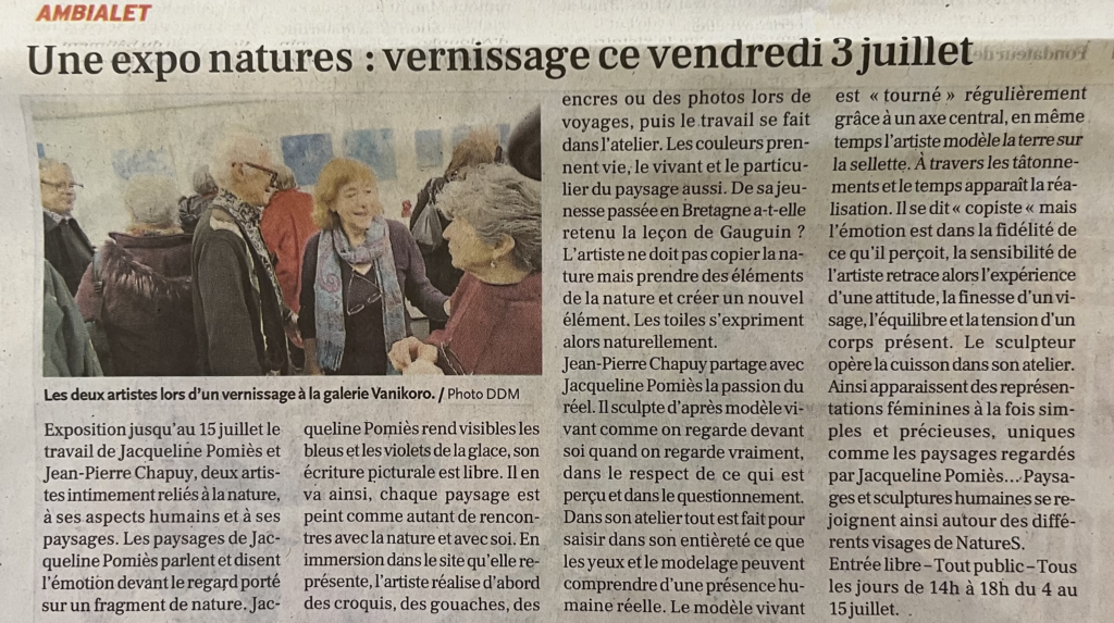 Exposition de Jacqueline Pomies et Jean-Pierre Chapuy dans l'ancienne église Saint-Gilles à Ambialet - article de La Dépêche du 03/07/2026