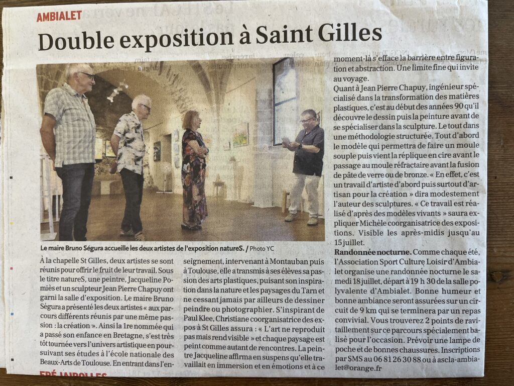 Exposition de Jacqueline Pomies et Jean-Pierre Chapuy dans l'ancienne église Saint-Gilles à Ambialet - article de La Dépêche du 10/07/2026