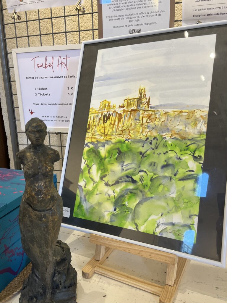 Exposition de Jacqueline Pomies et Jean-Pierre Chapuy dans l'ancienne église Saint-Gilles à Ambialet - les œuvres offertes pour le Tombol'Art